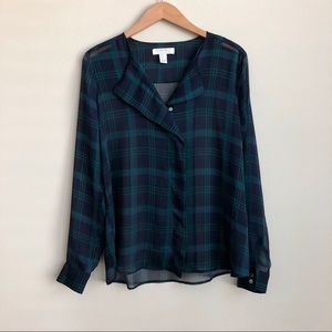 Forever 21 Plaid Green Blue V Neck Blouse Top NWOT